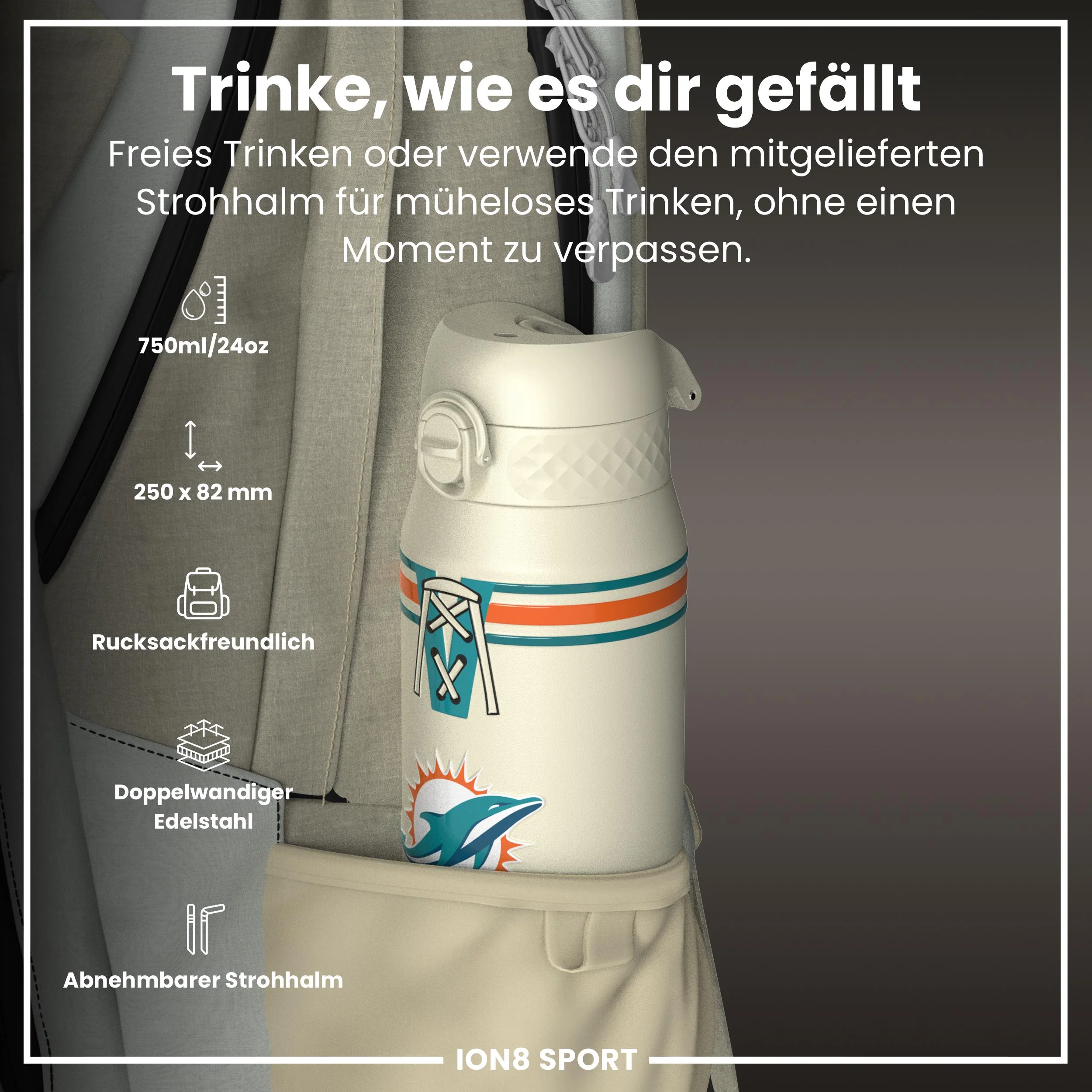 NFL x ION8, Isolierte Edelstahl, Dolphins, 750 ml - Image 2