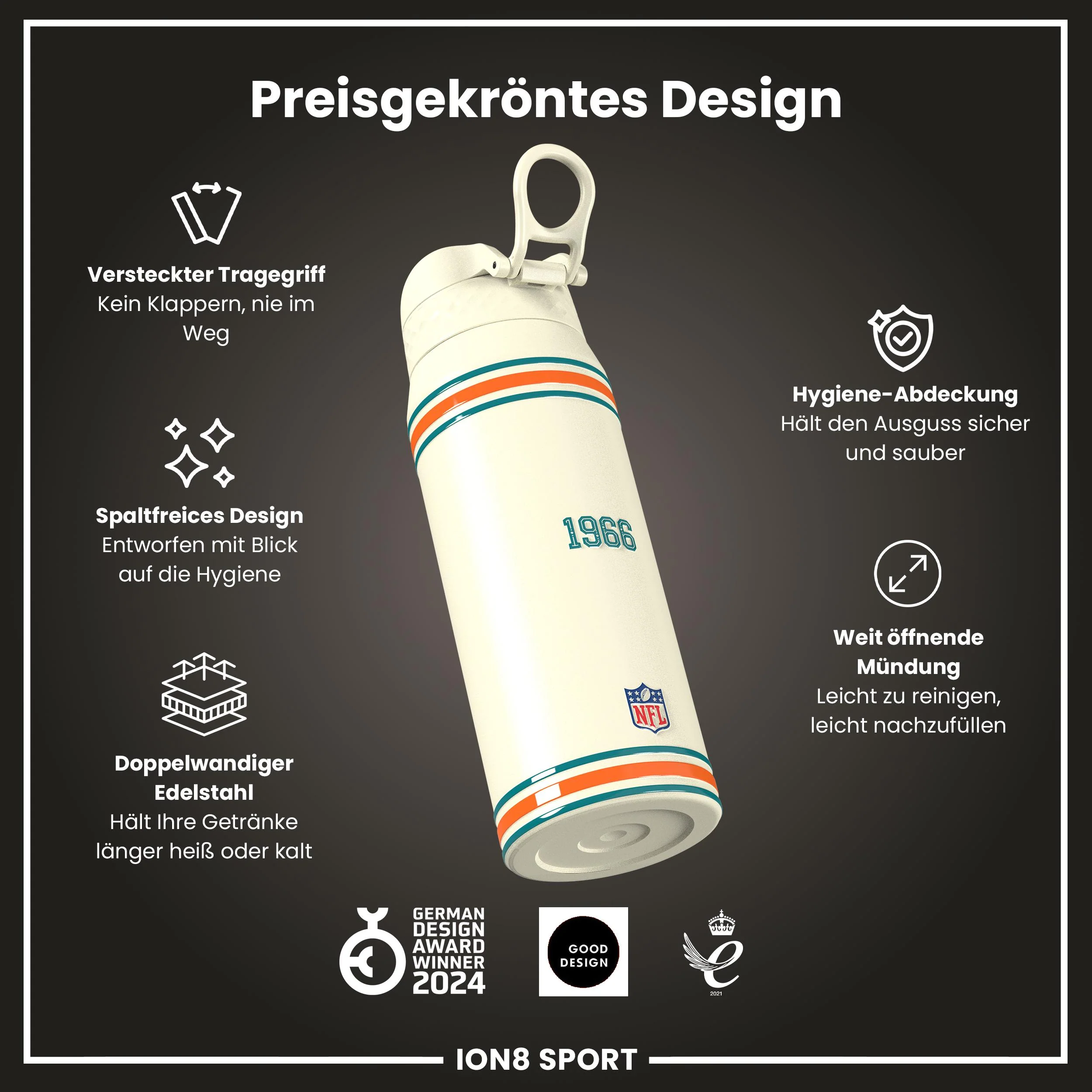 NFL x ION8, Isolierte Edelstahl, Dolphins, 750 ml - Image 6